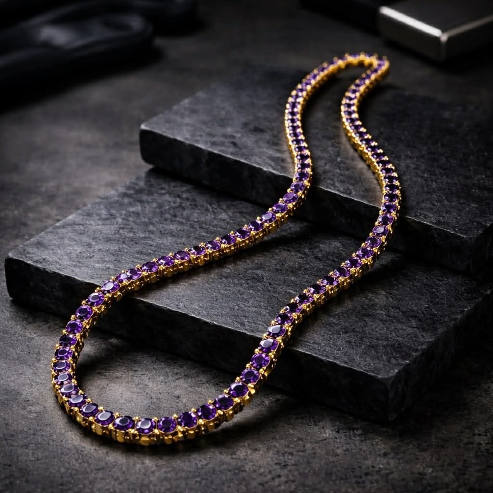 Mens Gold Purple Gem Hip Hop Tennis Necklace | Unisex Statement Chain